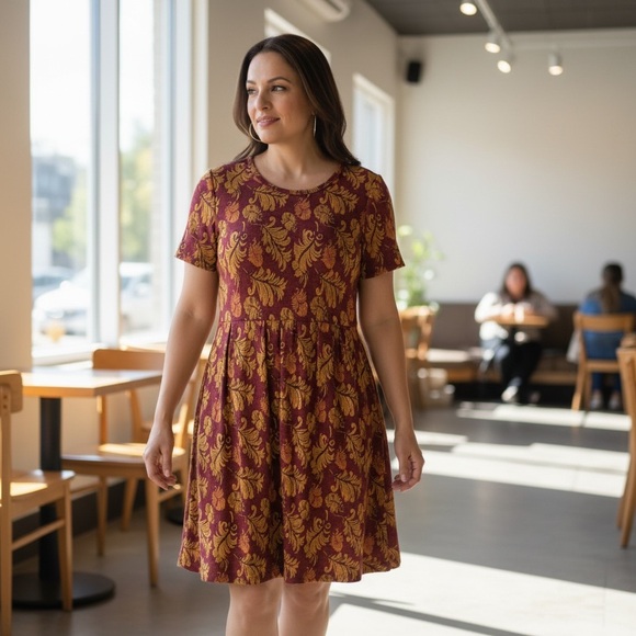 LuLaRoe Burgundy and Mustard Midi Dress - Picture 3 of 7